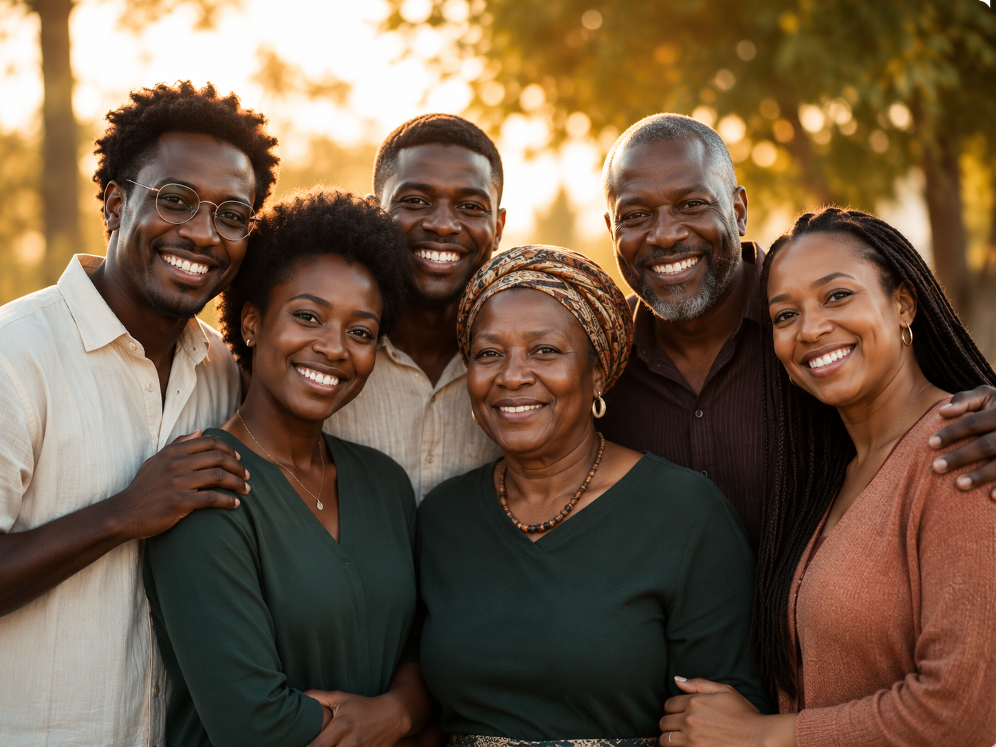 Six smiling family members of different generations standing together outdoors at golden hour