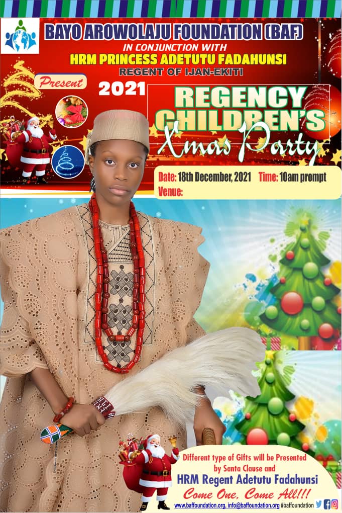 Official BAF flyer for the 2021 Regency Children's Christmas Party with HRM Princess Adetutu Fadahunsi