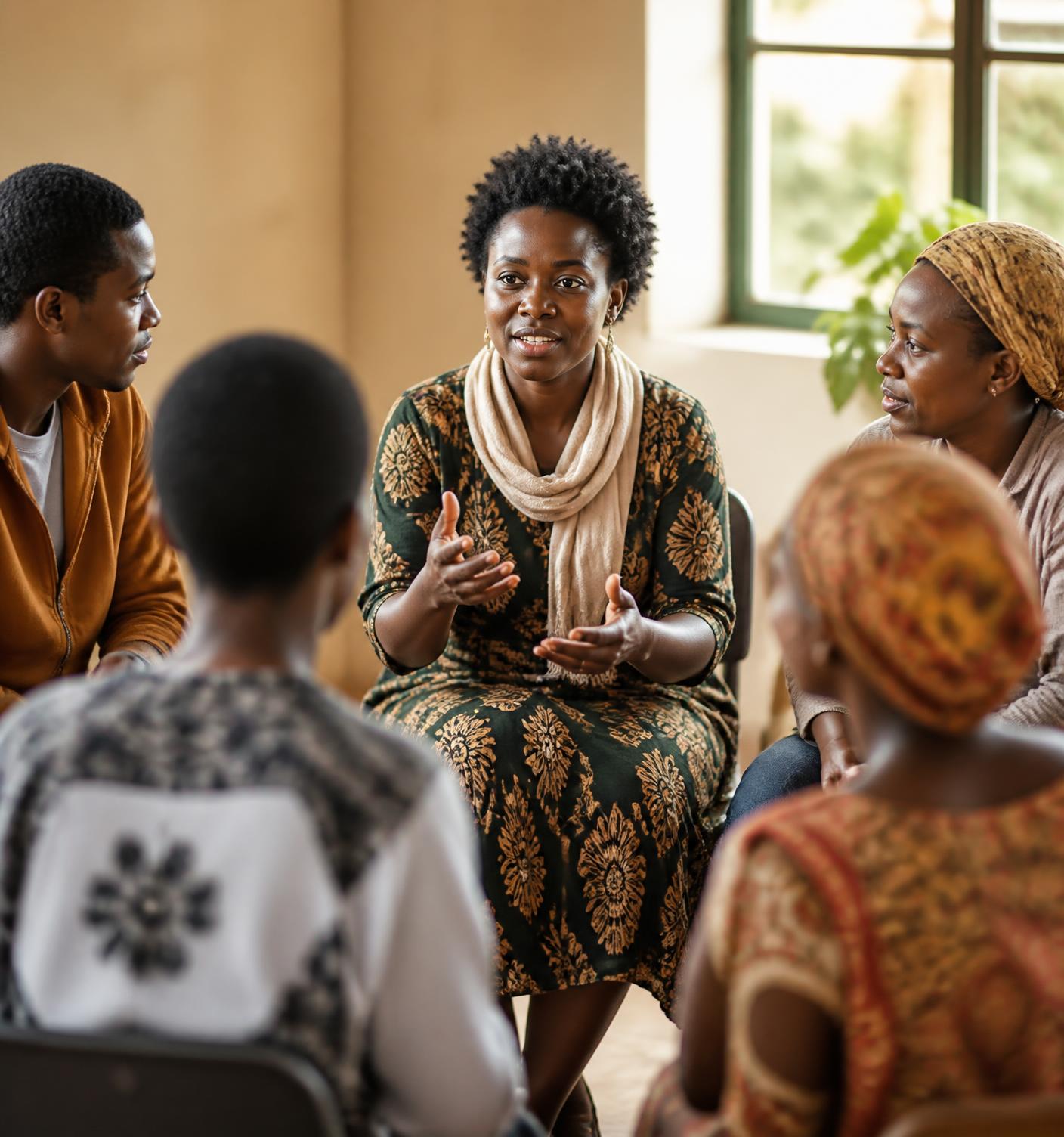 Community members seated in a circle during a mental-health listening session in a sunlit hall