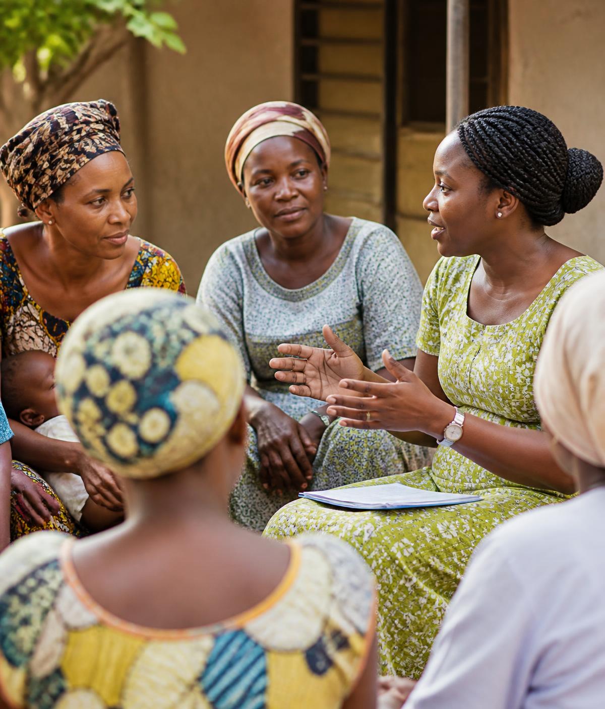 A community health educator in conversation with a group of women outdoors