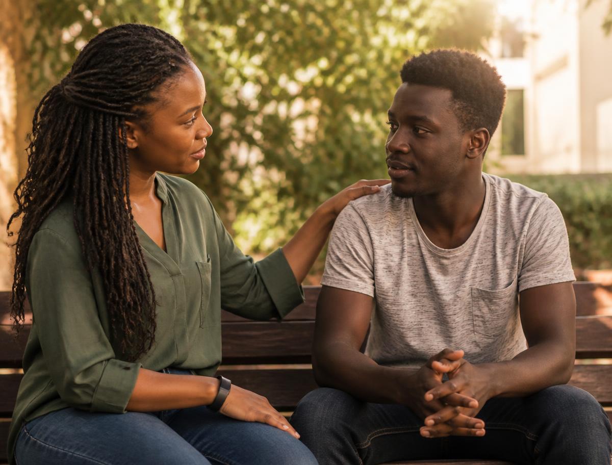 A support worker and a young adult talking quietly together on a bench in a sunlit community space
