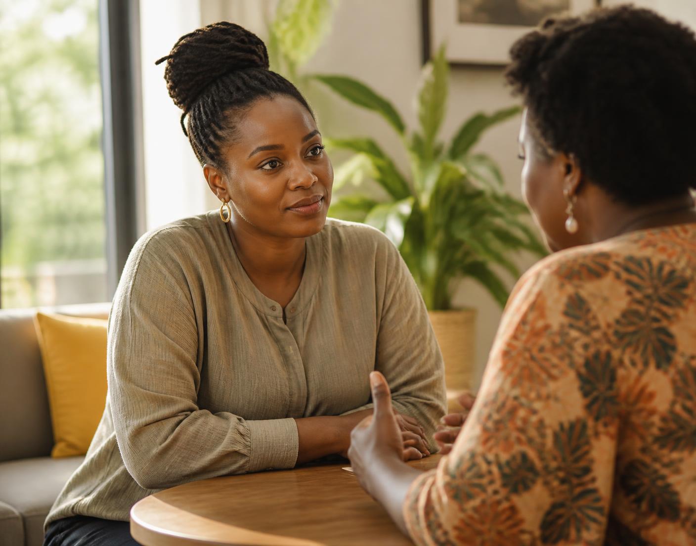 A care navigator leaning in and listening attentively as an adult talks through her options in a bright, plant-filled room