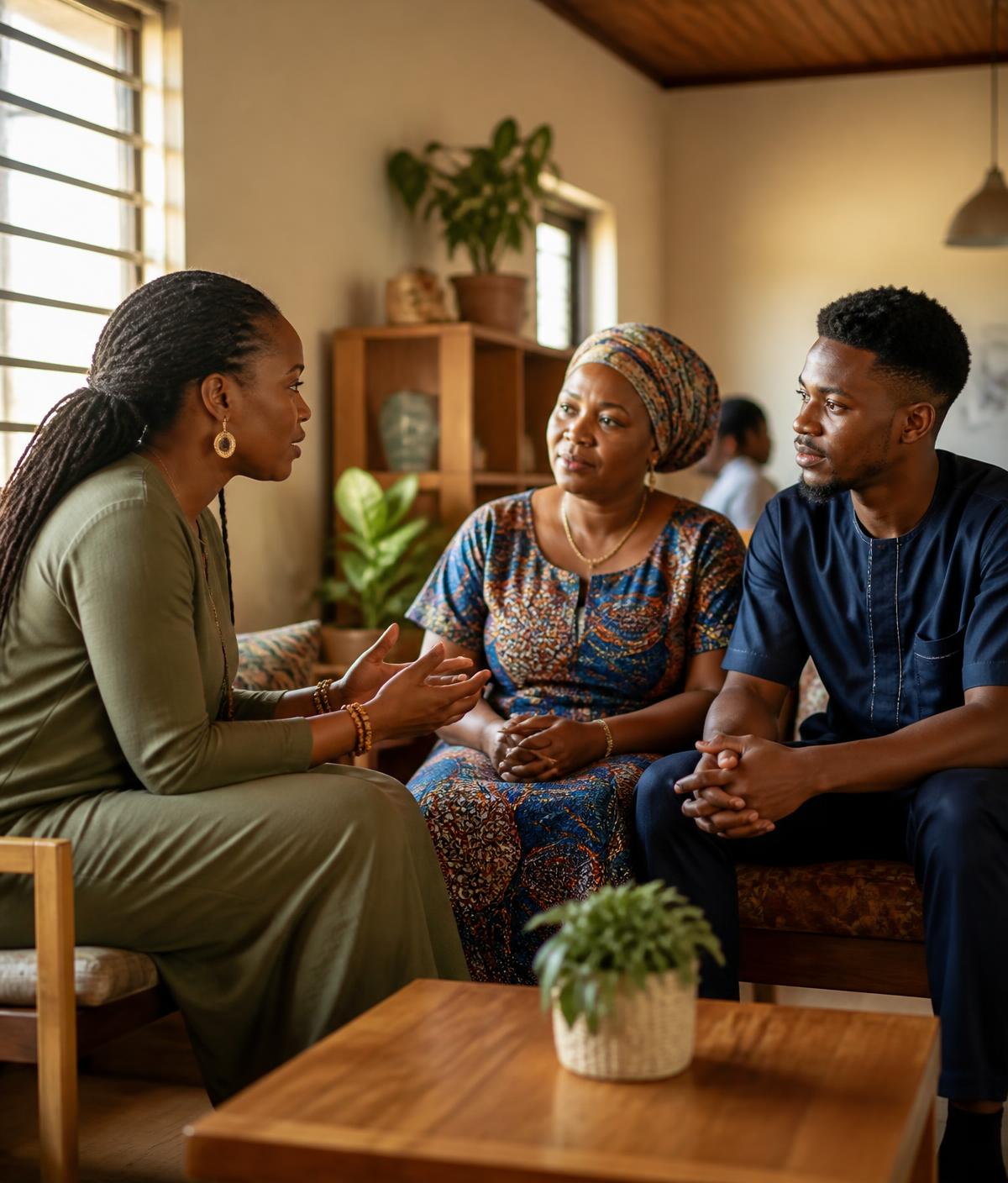 A care navigator calmly explaining available support options to a mother and her adult son in a sunlit community room
