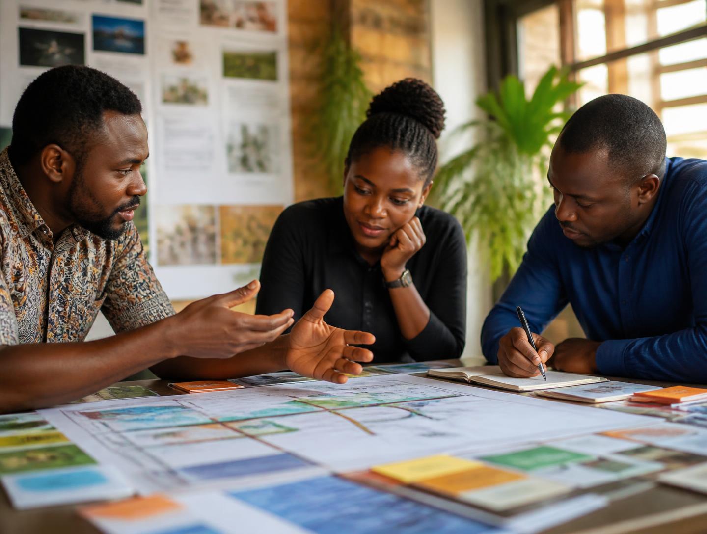 Three colleagues discussing a printed programme plan and workshop materials in a bright community room