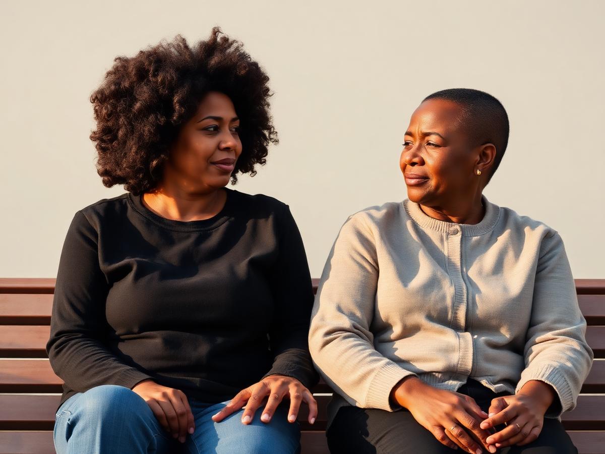 Two adults sitting together on a bench in soft daylight, one listening supportively