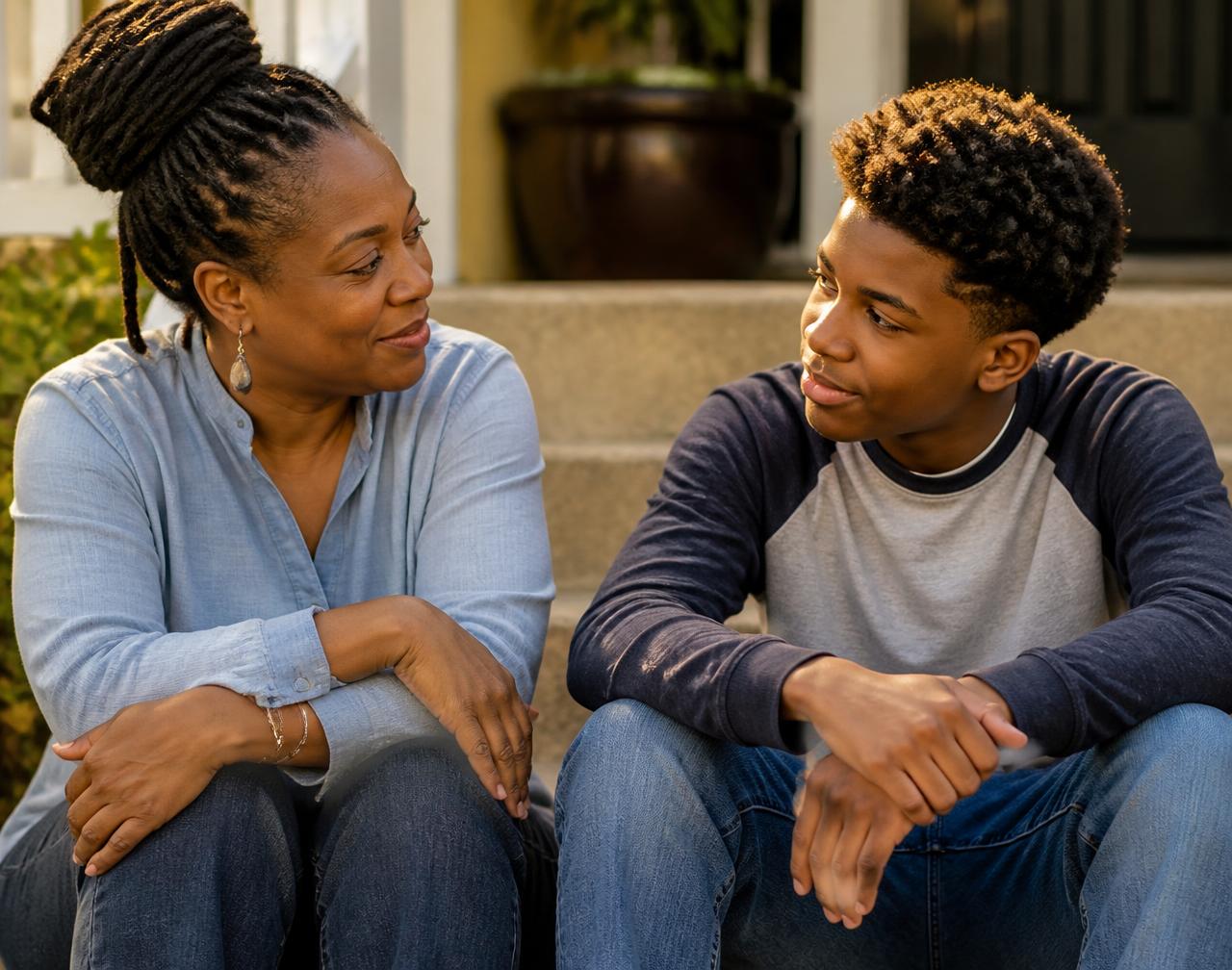 A caregiver and a teenager sitting side by side outdoors in warm light, talking calmly