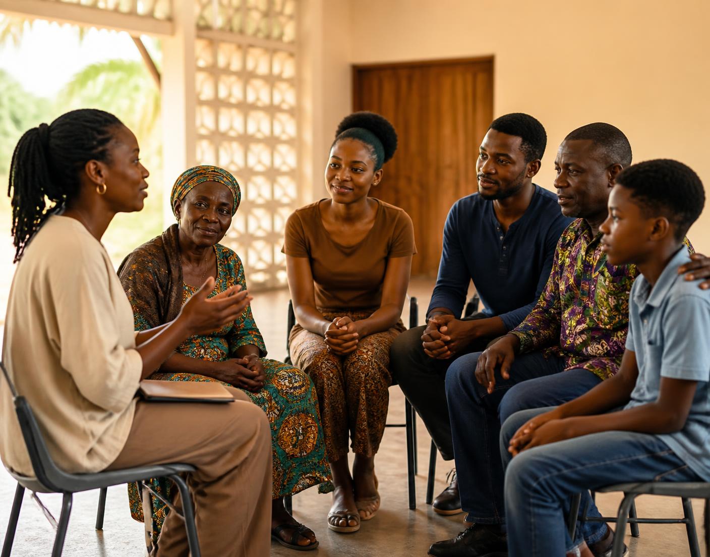 A facilitator speaking with a multigenerational group of community members during a mental-health education session in a bright community hall