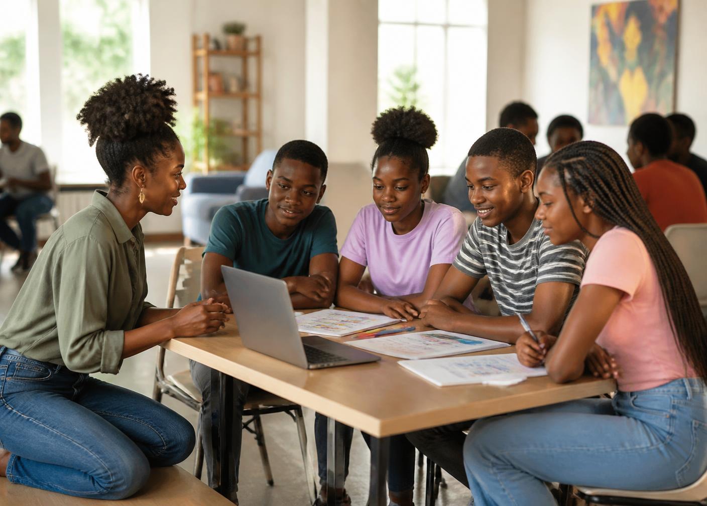A youth educator working alongside four teenagers at a table during a mental-wellness workshop