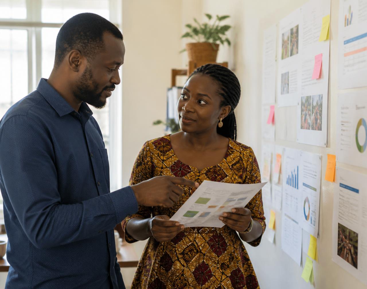 Two BAF team members reviewing printed program information together at a wall of notes and charts