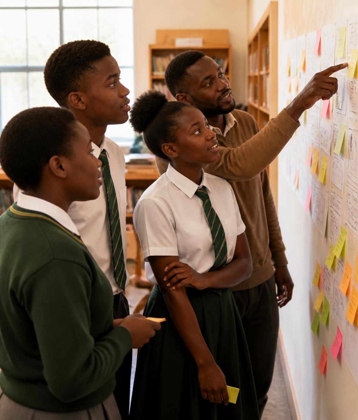 Three students and an educator standing at a wall of hand-drawn sketches and sticky notes, discussing an awareness concept together
