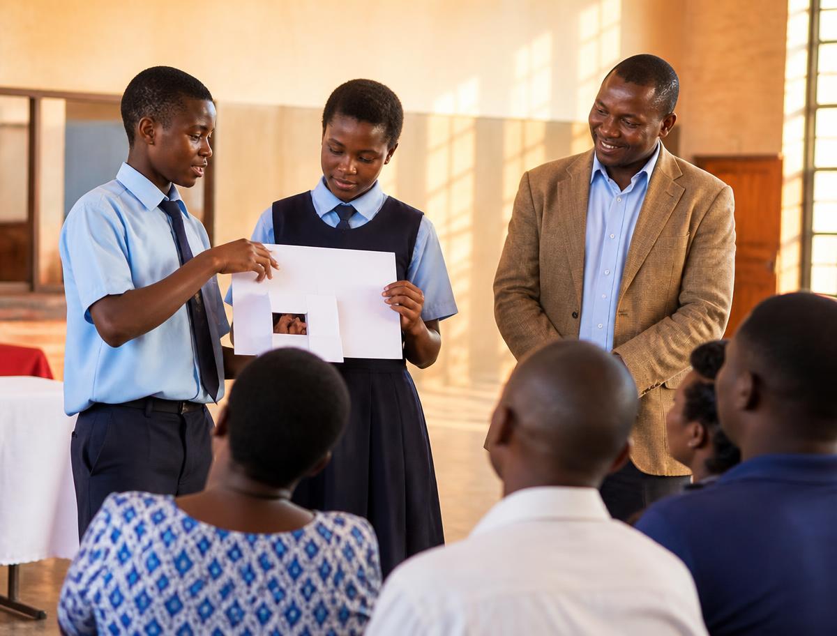 Two students holding up a simple paper prototype as they present it to a seated group, with a facilitator standing nearby