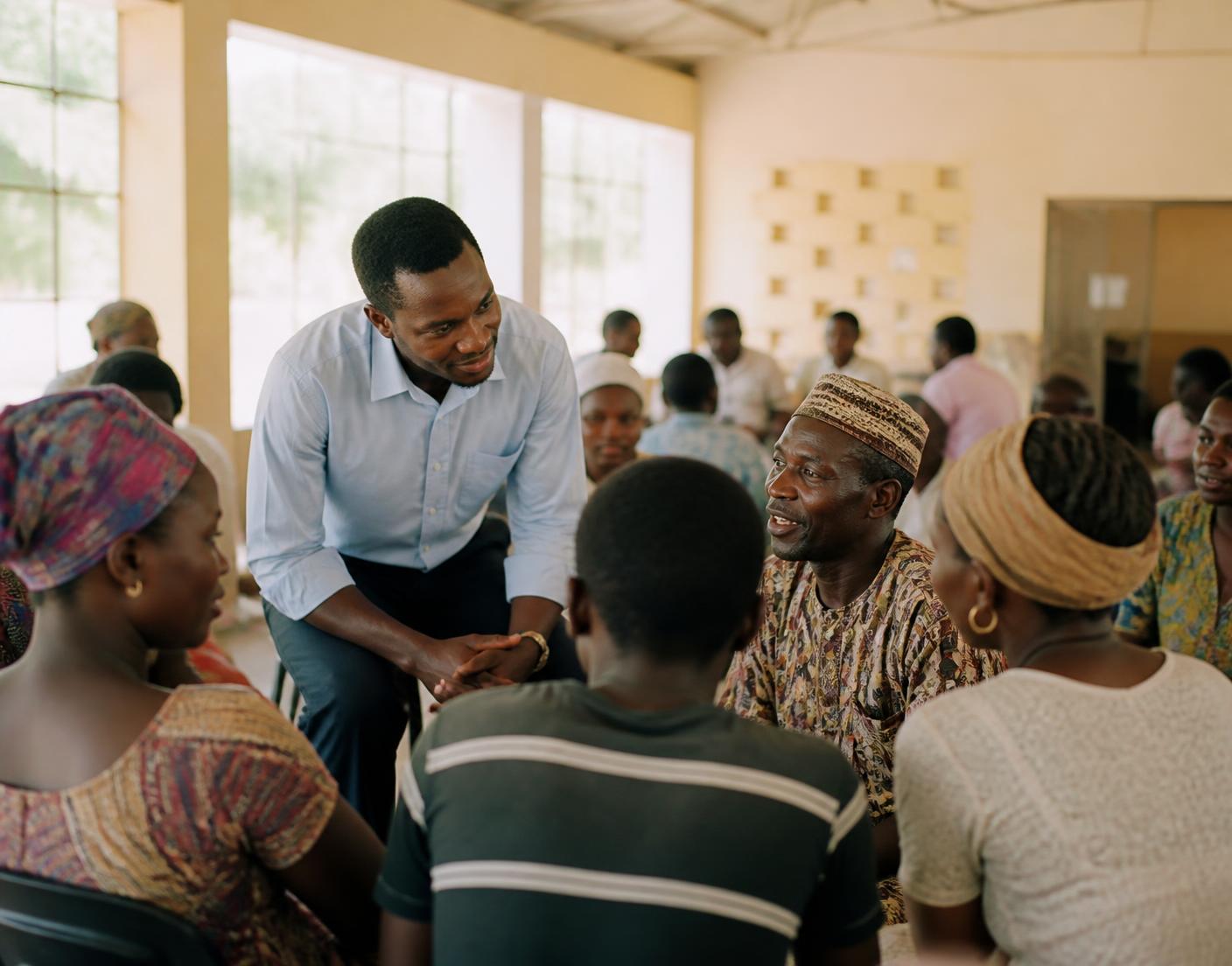 A community facilitator leaning forward in conversation with residents seated in a circle inside a sunlit community hall