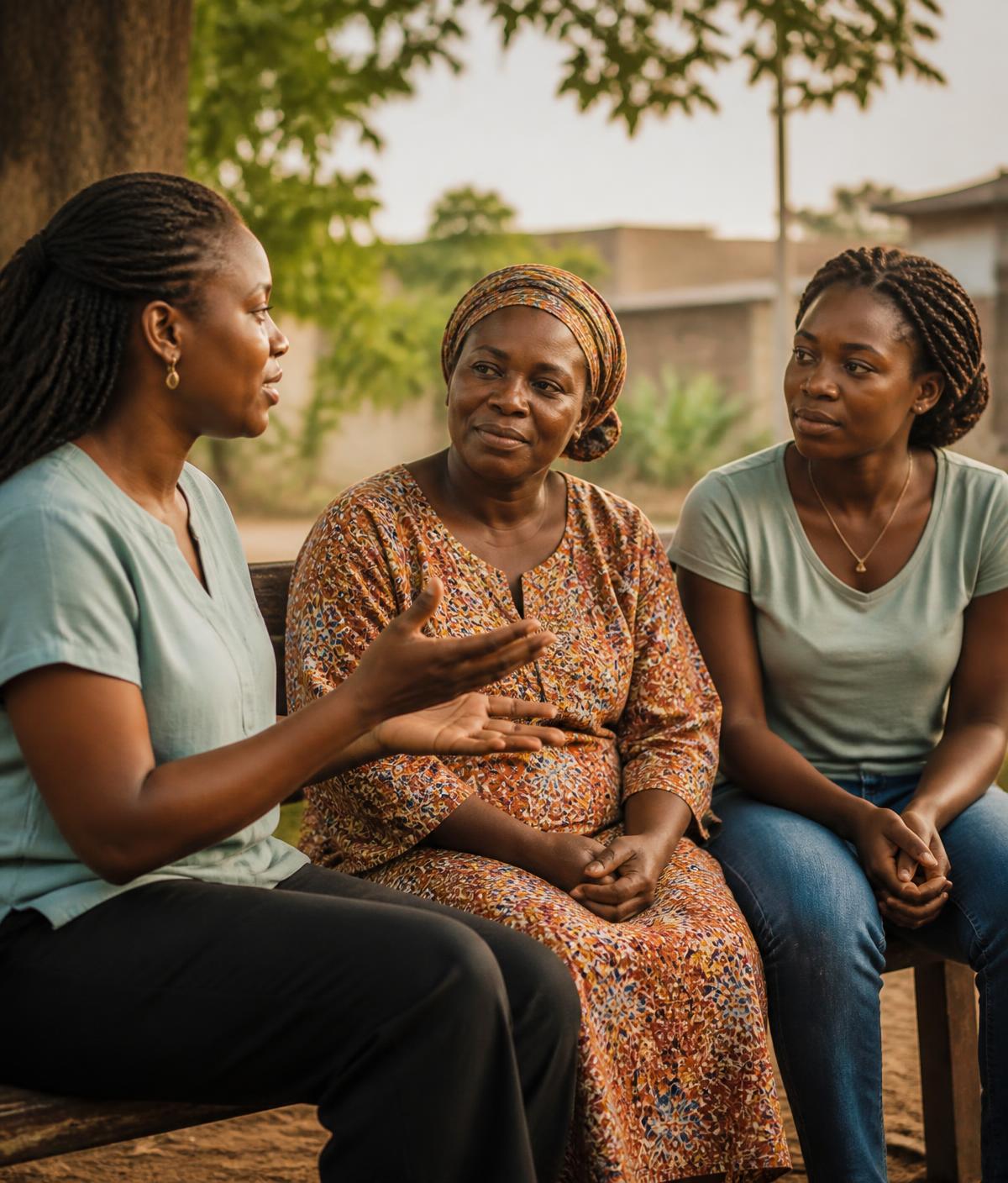 A facilitator listening closely to a participant during a community program conversation