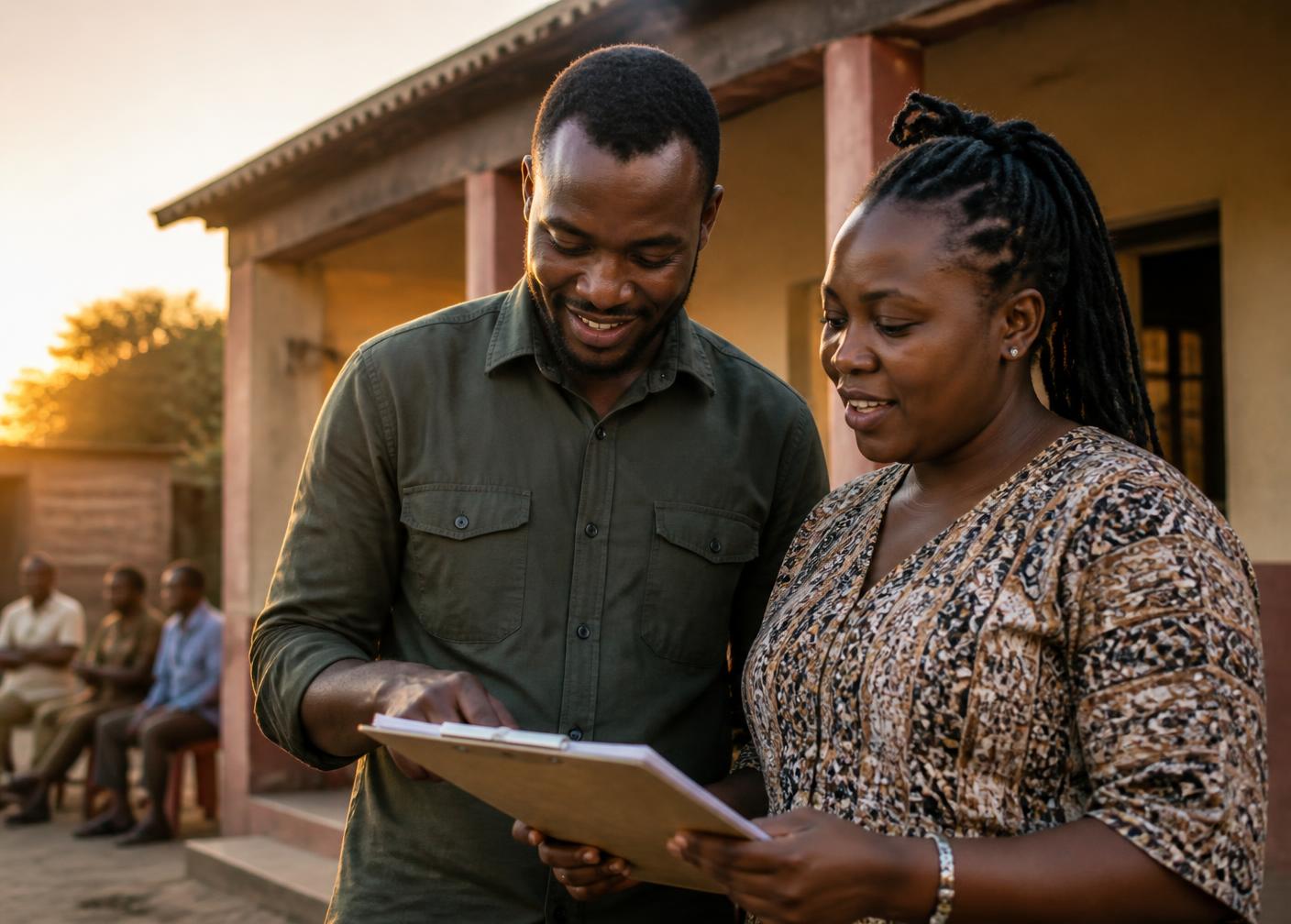 Two community organizers reviewing outreach plans together outside a community centre at golden hour