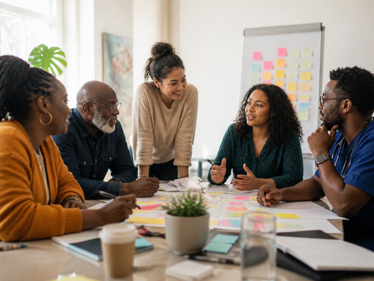 Educators, community organizers, and a health professional planning a program together around a table