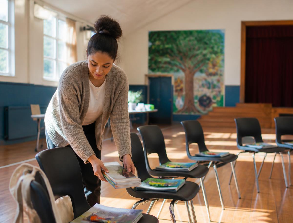 A facilitator arranging chairs and educational materials before a community workshop