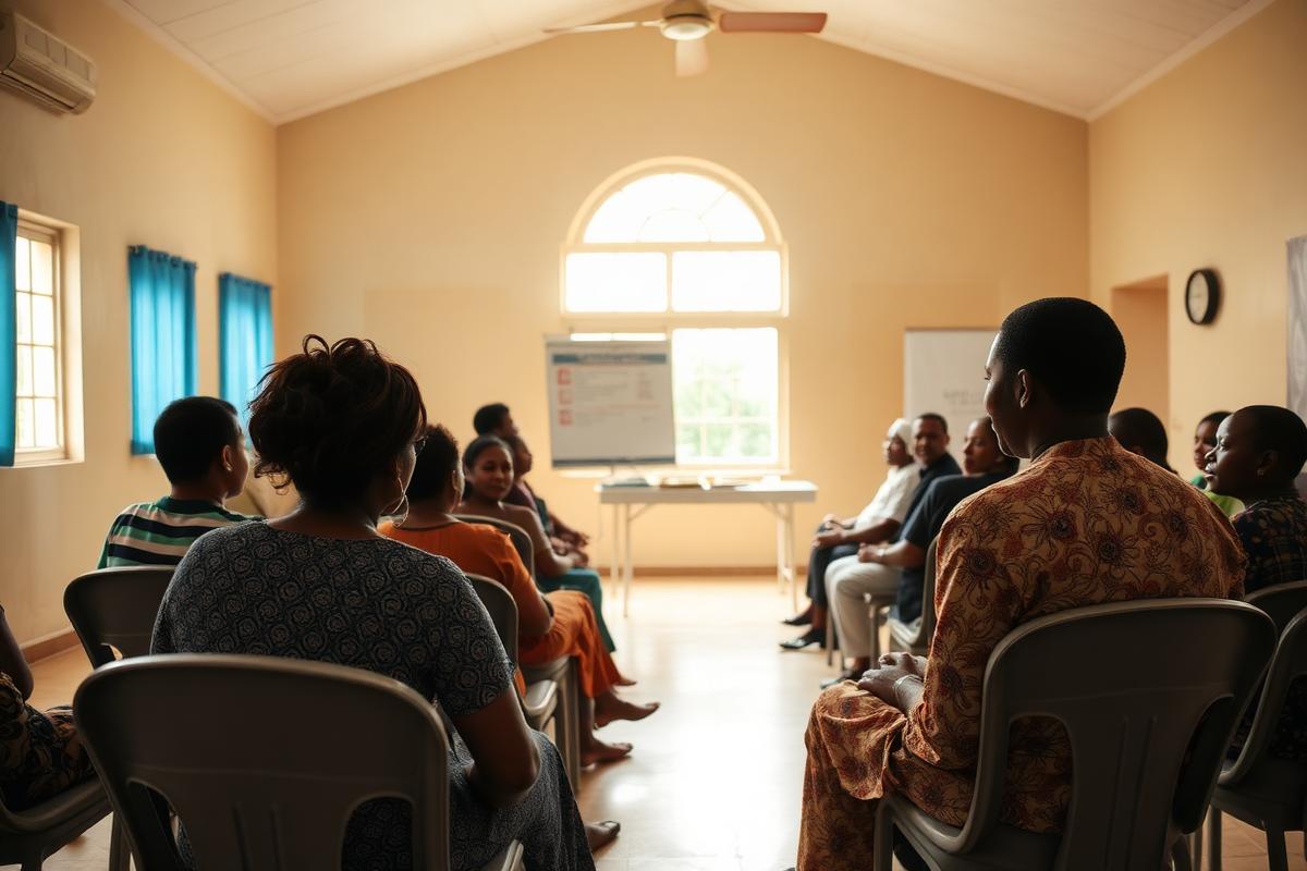 A facilitator leading a community mental-health awareness session in a bright hall