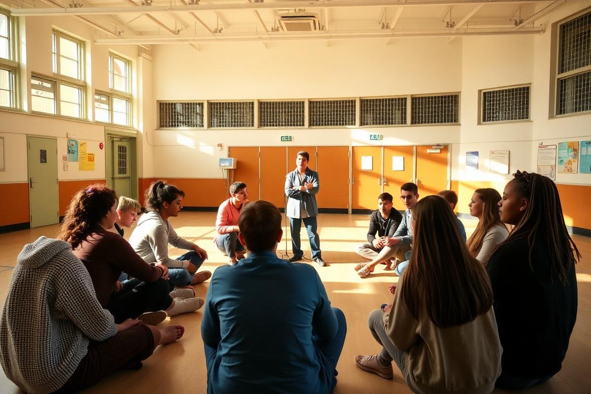 A facilitator leading an interactive mental-health workshop with students seated in a circle