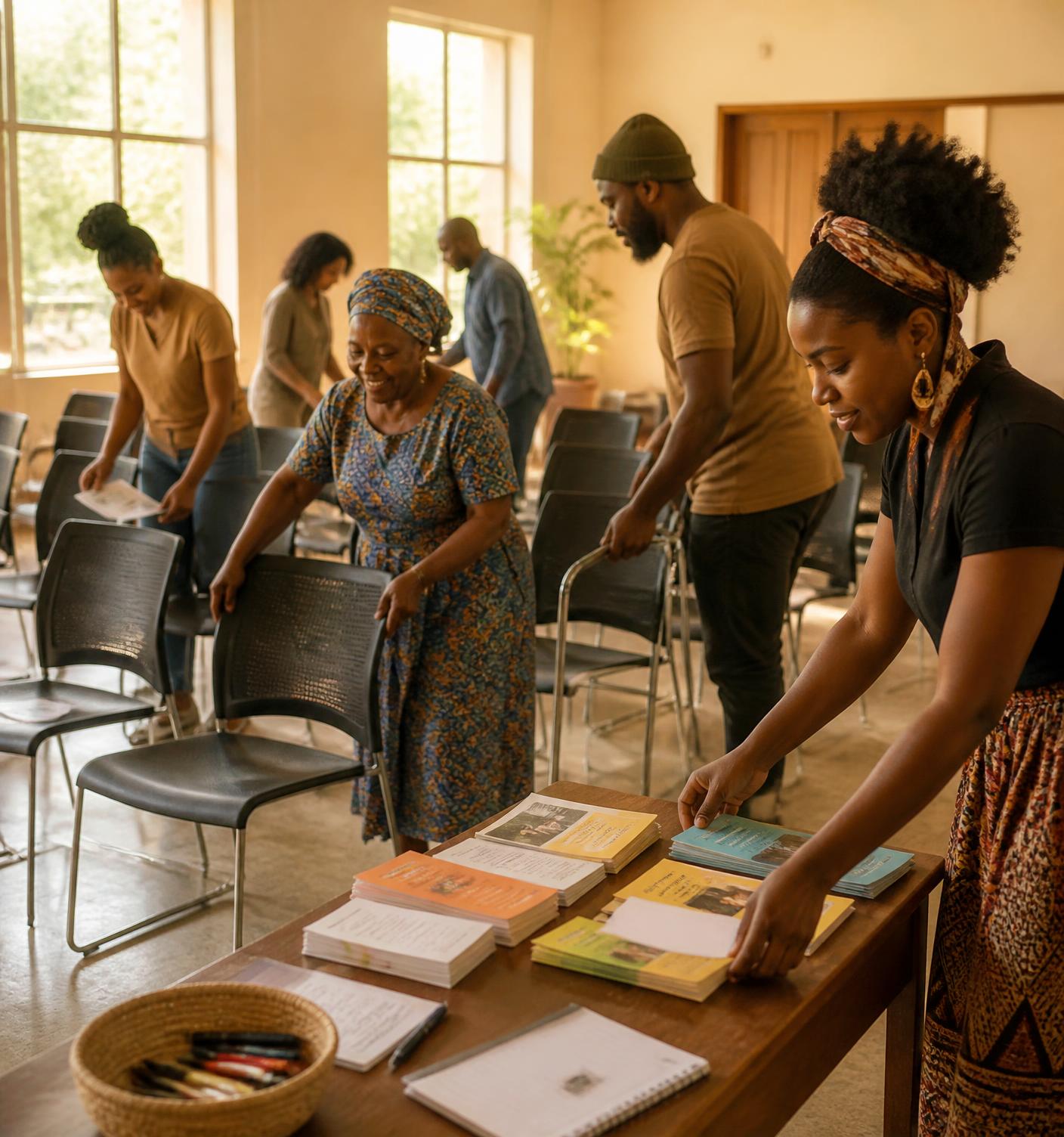 Volunteers arranging chairs and laying out printed materials before a community mental-health workshop