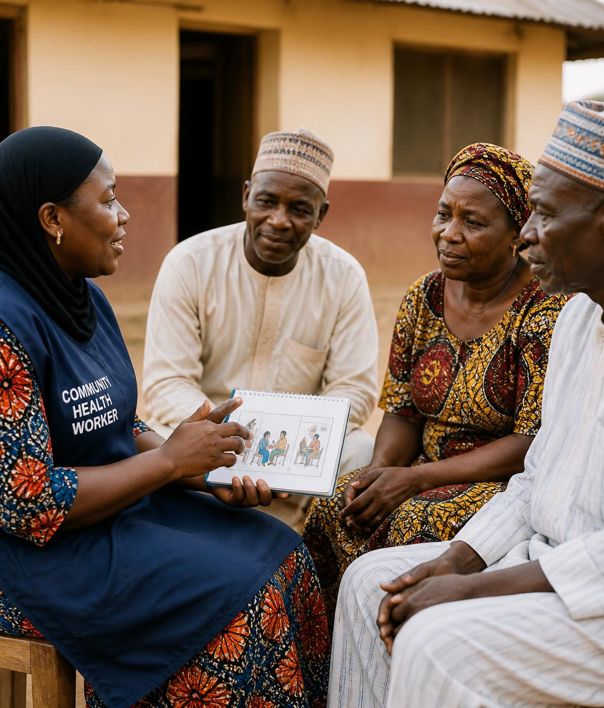 A community health worker speaking with community members seated outdoors
