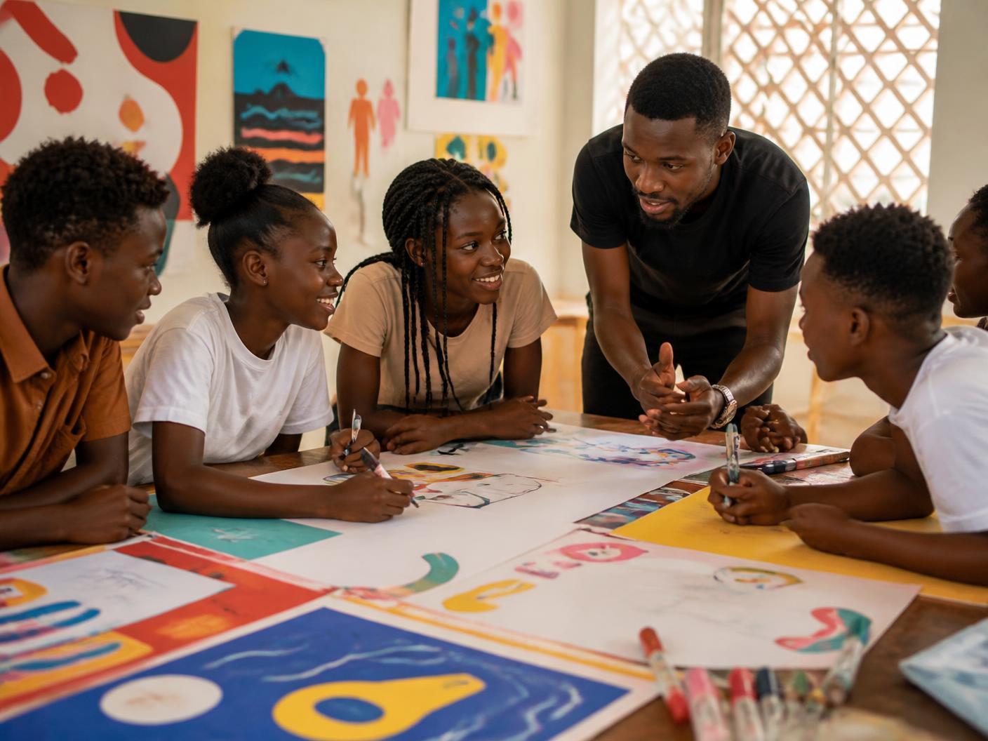 Teenagers around a table of colourful poster sheets, planning an awareness activity with a young facilitator