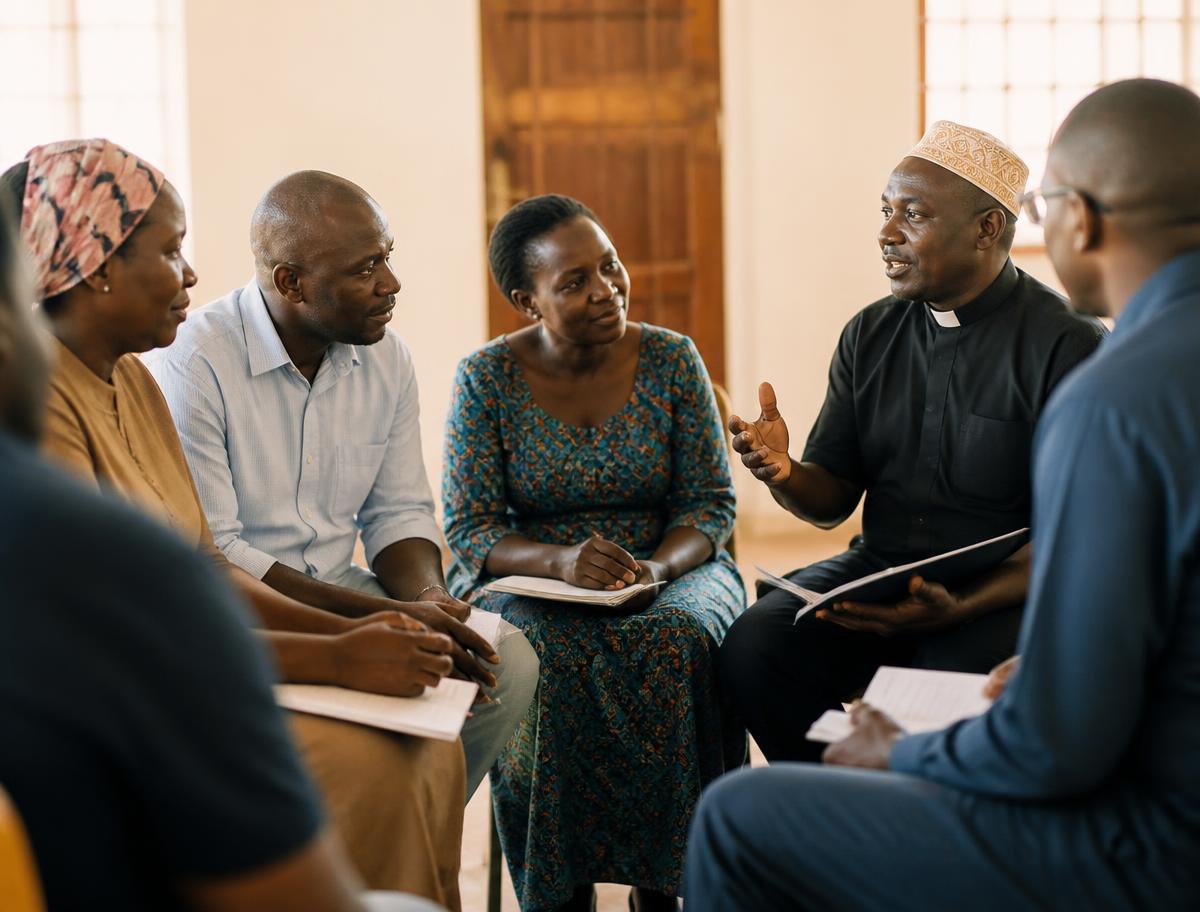 Parents, a teacher, and a community leader seated together in an attentive planning conversation